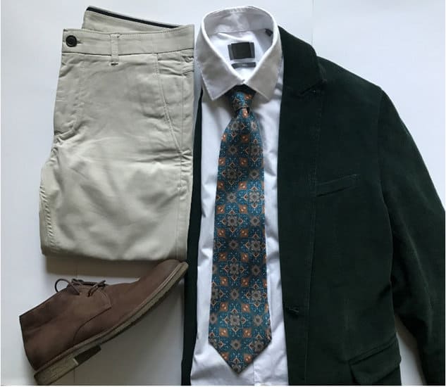 dark green blazer, white shirt, light khaki or tan chinos, brown belt, brown shoes