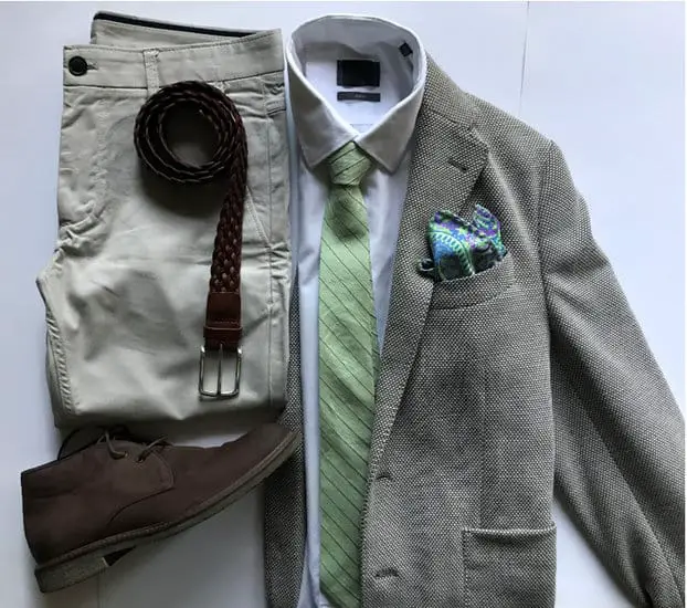 tan blazer, white shirt, light tan chinos, brown belt, brown shoes and multicolored pocket square