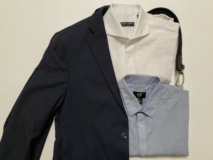 Blue blazer with white and light blue shirt 