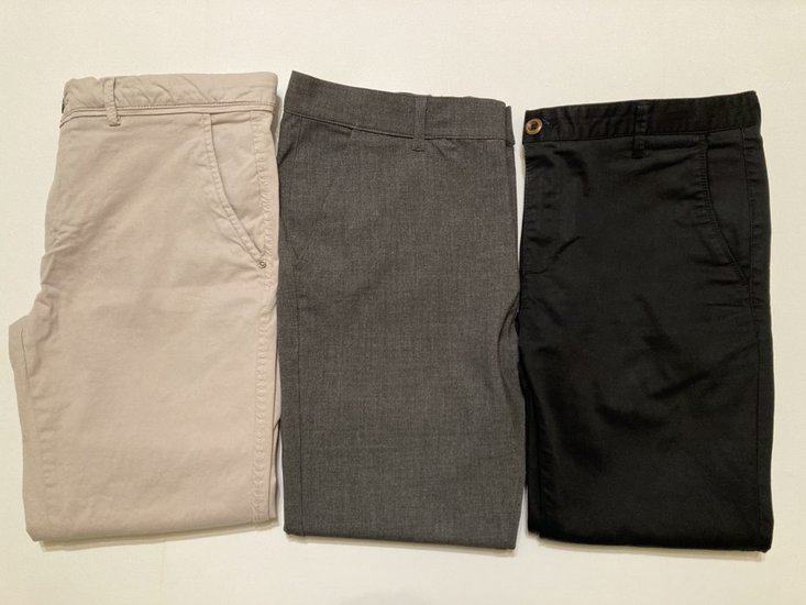 black, gray, and beige pants