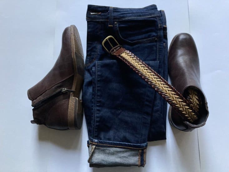 Dark Blue Cuffed Jeans and pair of dark brown leather ankle boots