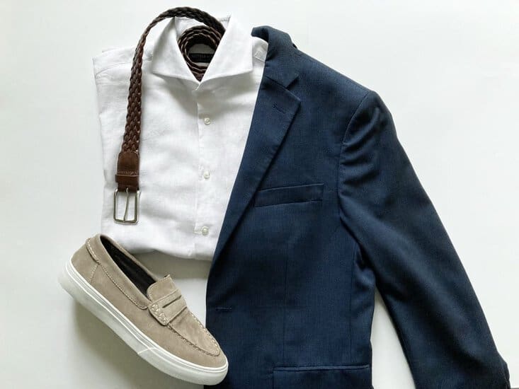 blue blazer with chinos, crisp white shirt and loafers
