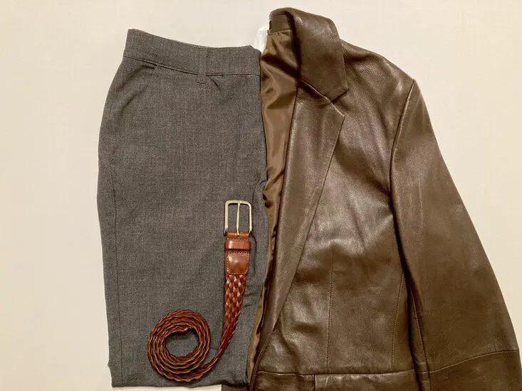 Brown Leather Blazer and Gray Pants