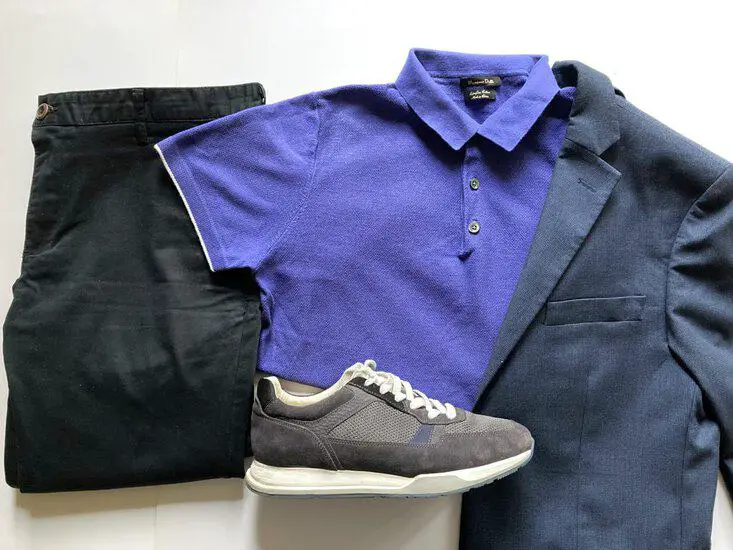 blue blazer with polo t-shirt, jeans and trainers