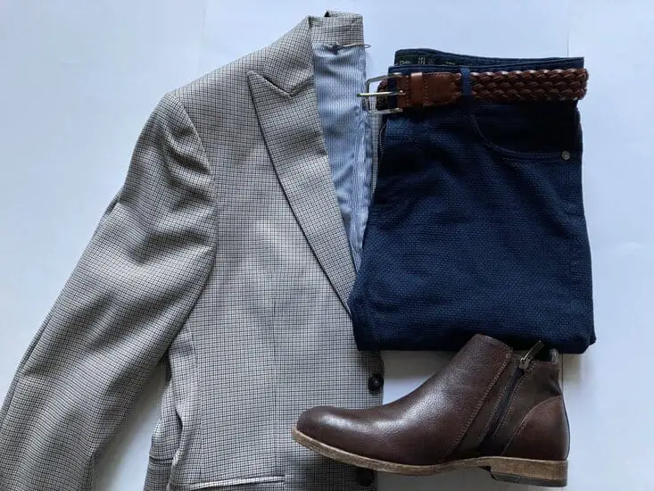 Blue pant, brown blazer and shoes 
