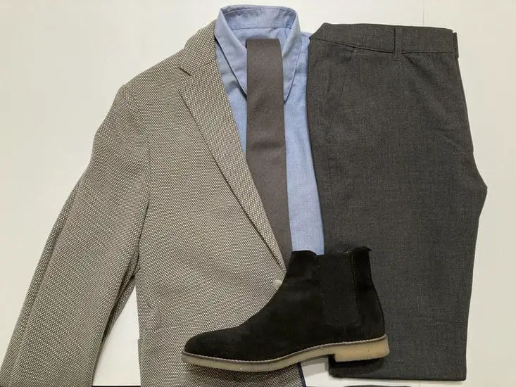 Tan blazer, light blue dress shirt, charcoal gray dress pants, black dress loafers/chelsea boots