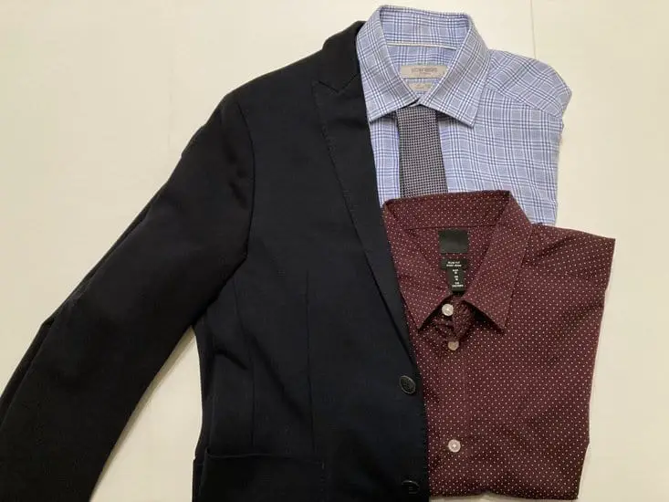 A Patterned or Colored Dress Shirt with black blazer