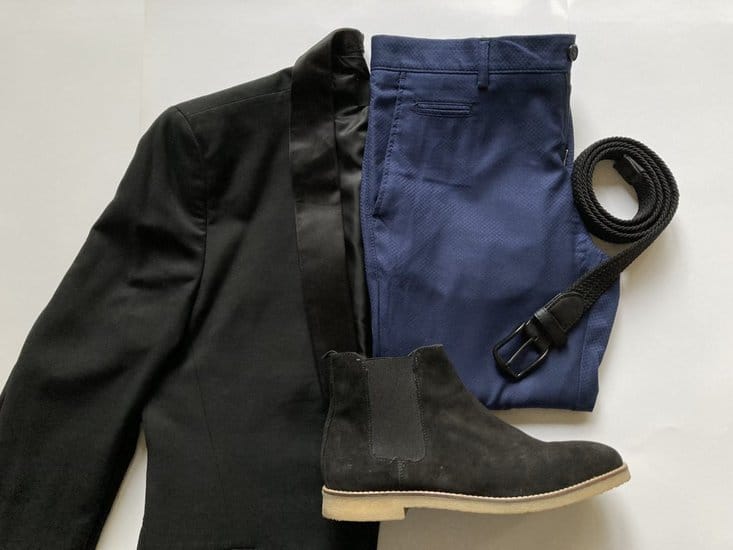 Black Blazer with navy blue trousers