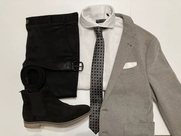 Black Pants, Tan Blazer, white shirt and black boots