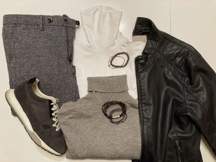 leather shoes, sleek accessories, sneakers and jacket