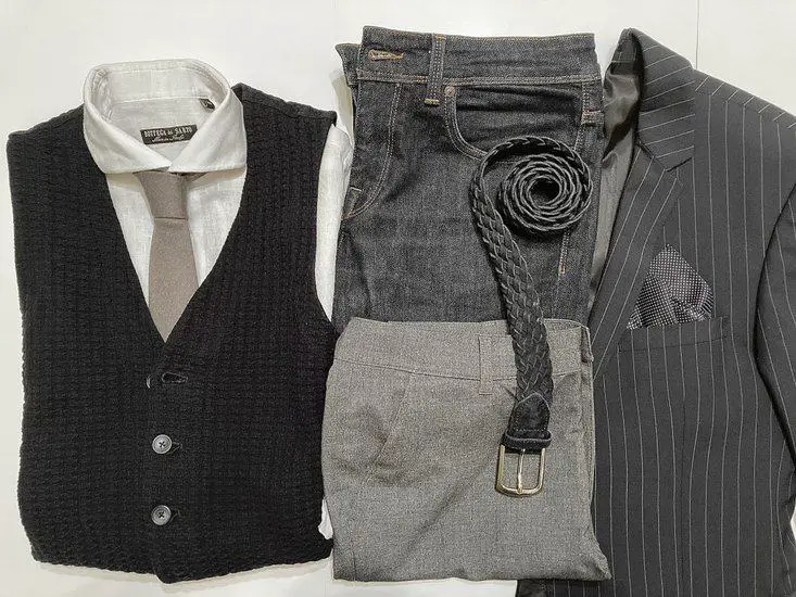patterned blazer and plain trousers or jeans