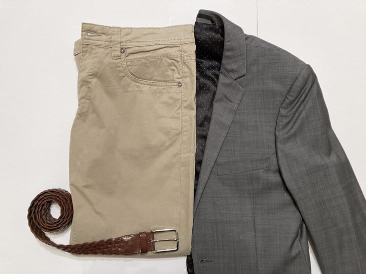 gray blazer with Khaki Pants