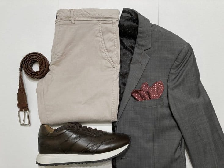 Gray blazer with Tan Pants