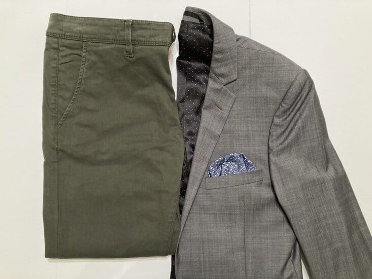 Gray blazer with olive pants
