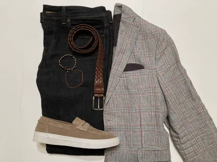 plaid blazer with leather pant, patent leather loafers, neutral-colored belt and some statement accessories