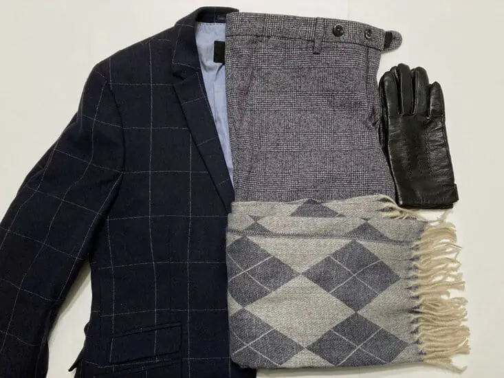 plaid blazer with wool pant, scarf and gloves