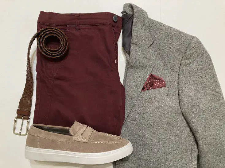 gray blazer with burgundy trousers