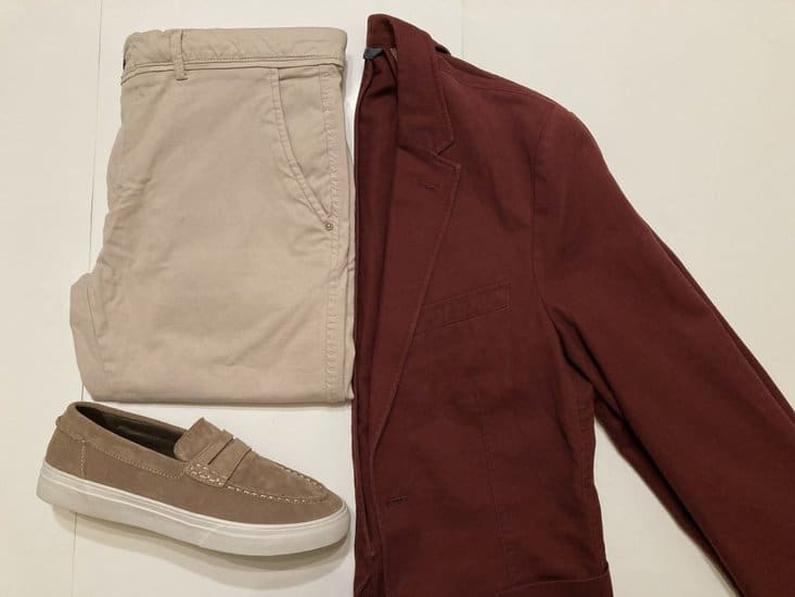 Brown tan or beige trousers and loafers