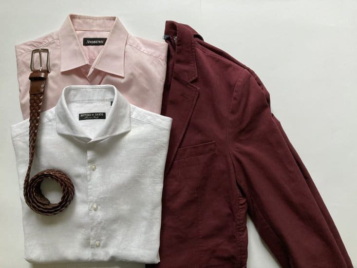 maroon blazer, pink and white shirt