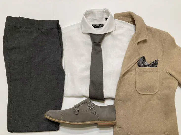 Camel Blazer with gray pant and white shirt