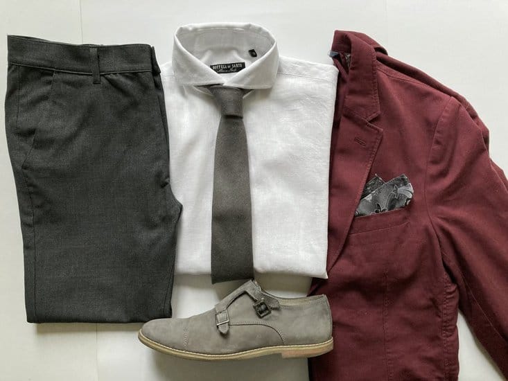 White shirt, brown blazer and gray trouser 