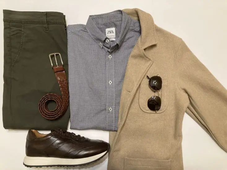Gingham Shirts with camel blazer, brown leather shoes, olive hue pant and sunglasses