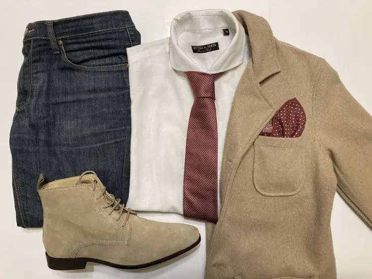 camel blazer with red accessories