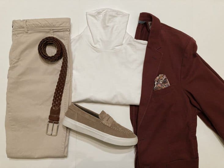 Cream turtleneck and beige trousers with your maroon blazer