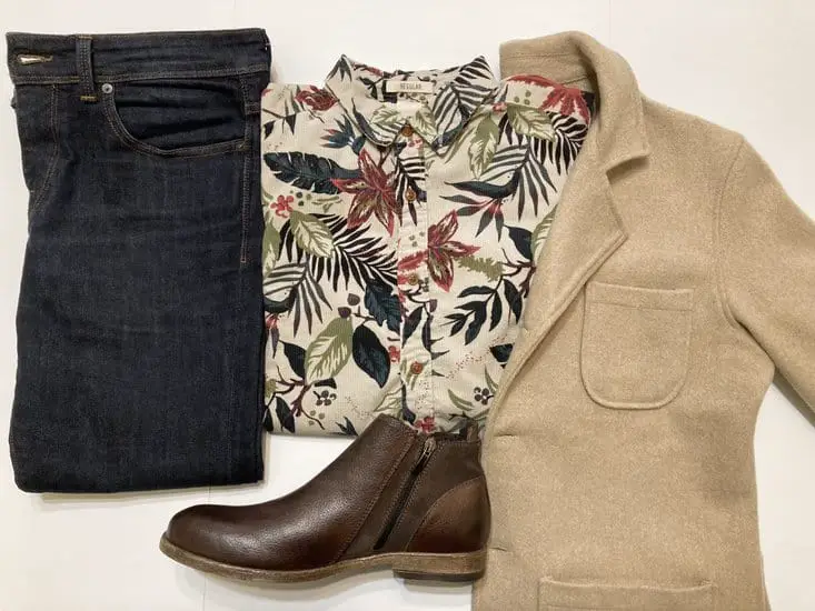 Camel blazer with printed shirt, navy jeans and brown leather boots