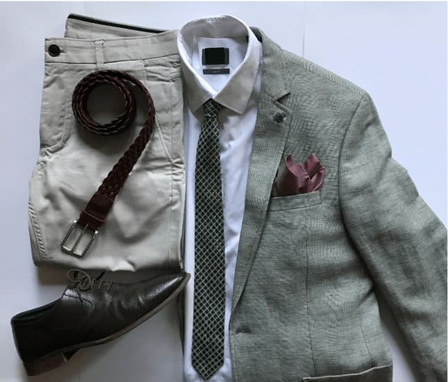 Light khaki or green pants with a brown belt and shoes