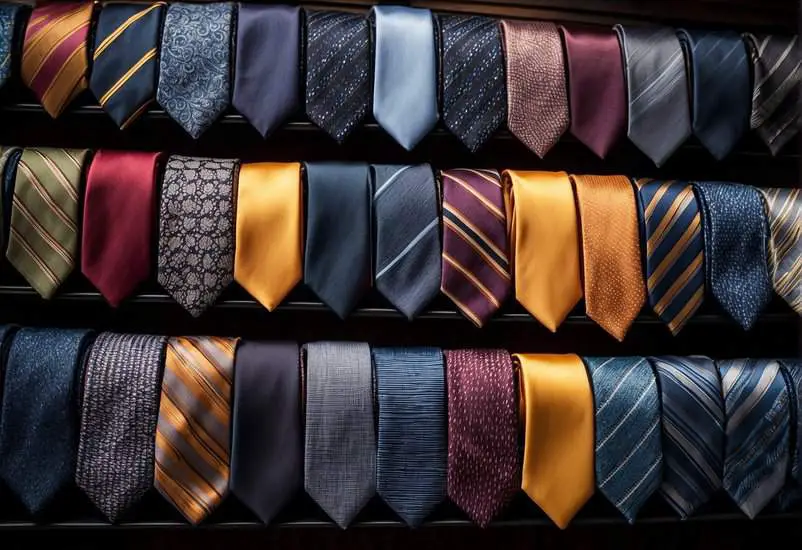 A collection of various ties in different colors and patterns arranged neatly on a display rack