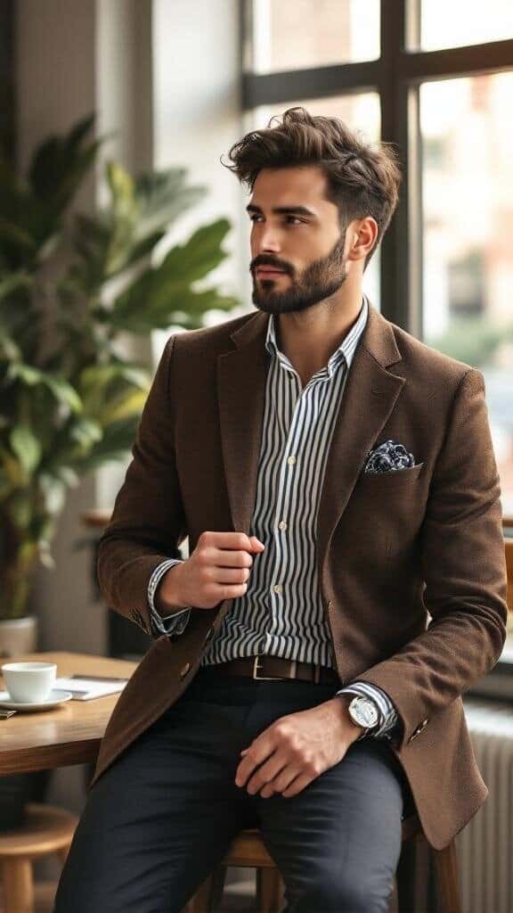 A man in a brown blazer with a striped shirt, sitting in a cafe.