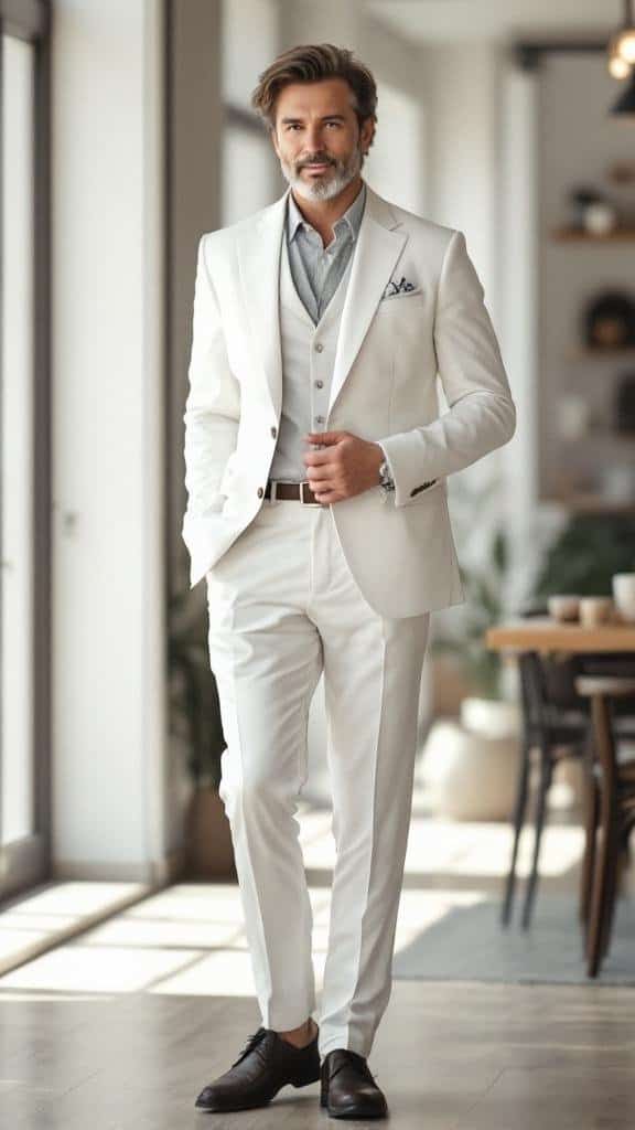 A man in a stylish white suit, standing confidently in a modern interior.