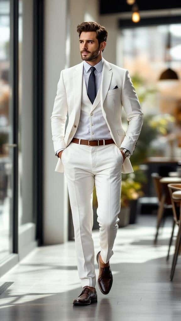 A man in a stylish white suit walking confidently in a modern setting.