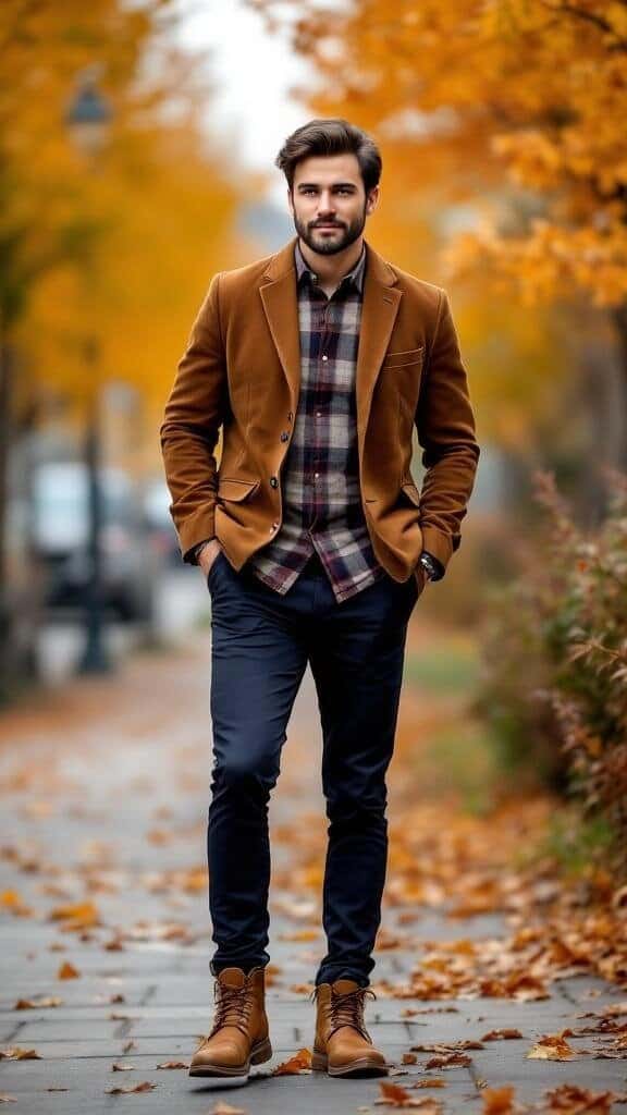 A man wearing a brown blazer, plaid shirt, and dark pants, walking on a path surrounded by autumn leaves.