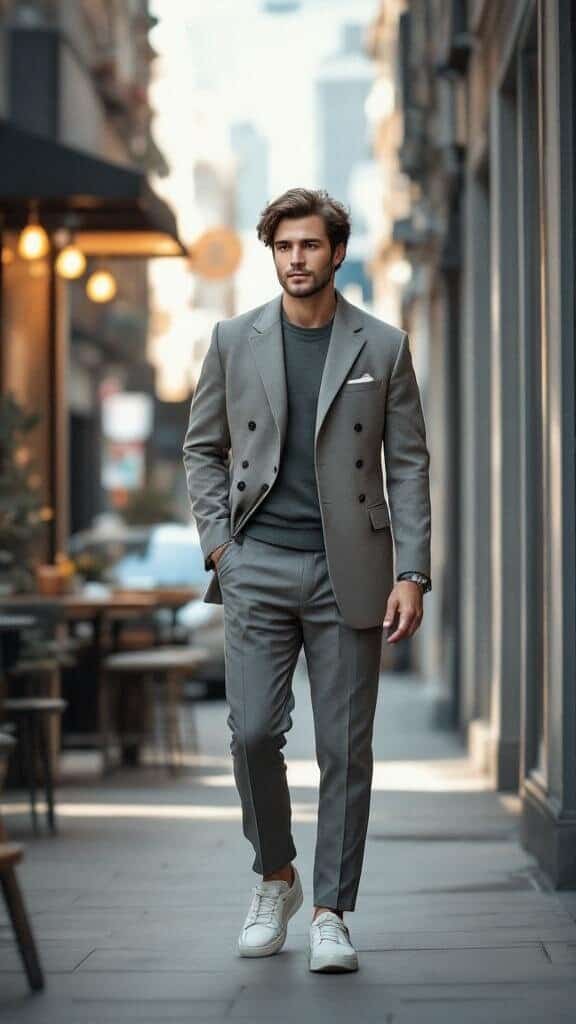 A man wearing a light grey double breasted suit with a green sweater and white sneakers walking in a city street.