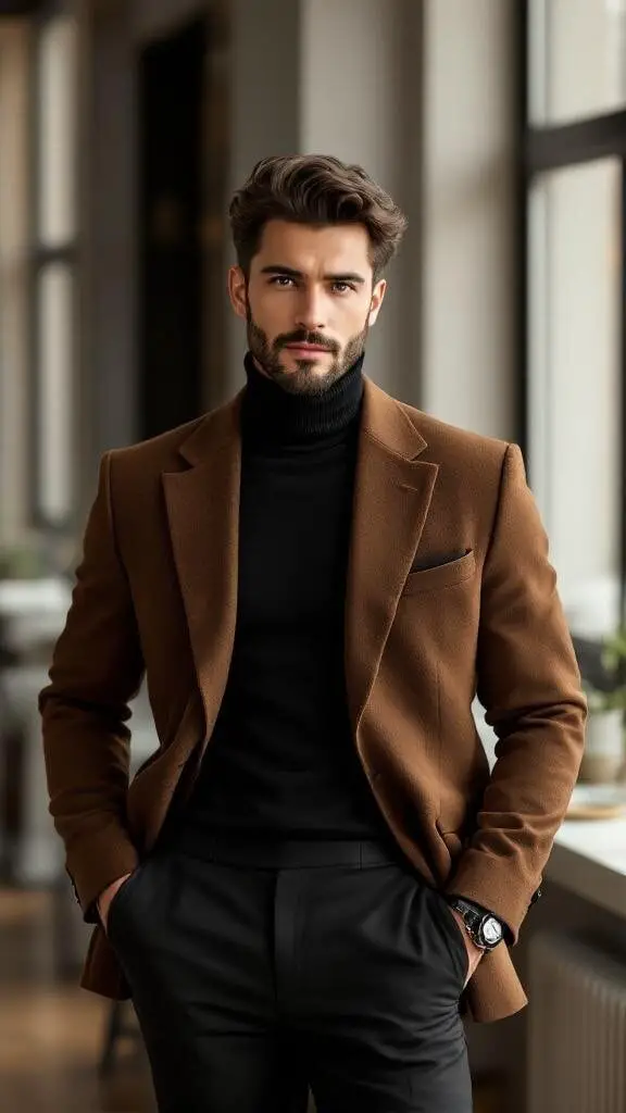 A man wearing a brown blazer over a black turtleneck, with tailored pants and a watch, posing confidently.