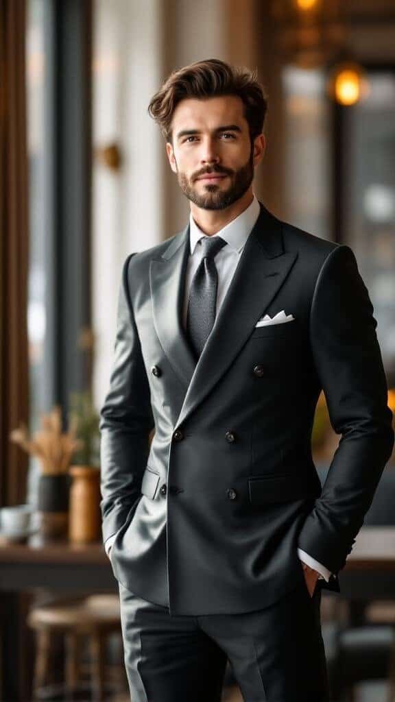A man in a stylish double breasted suit, standing confidently in a modern setting.
