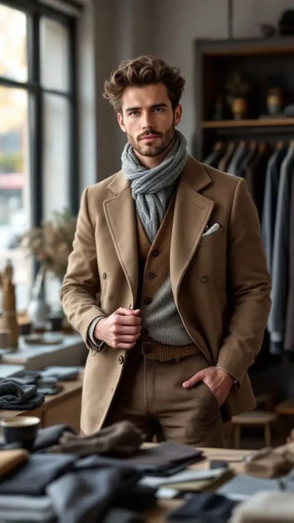 A man wearing a stylish double-breasted suit in a clothing store, showcasing fabric choices.