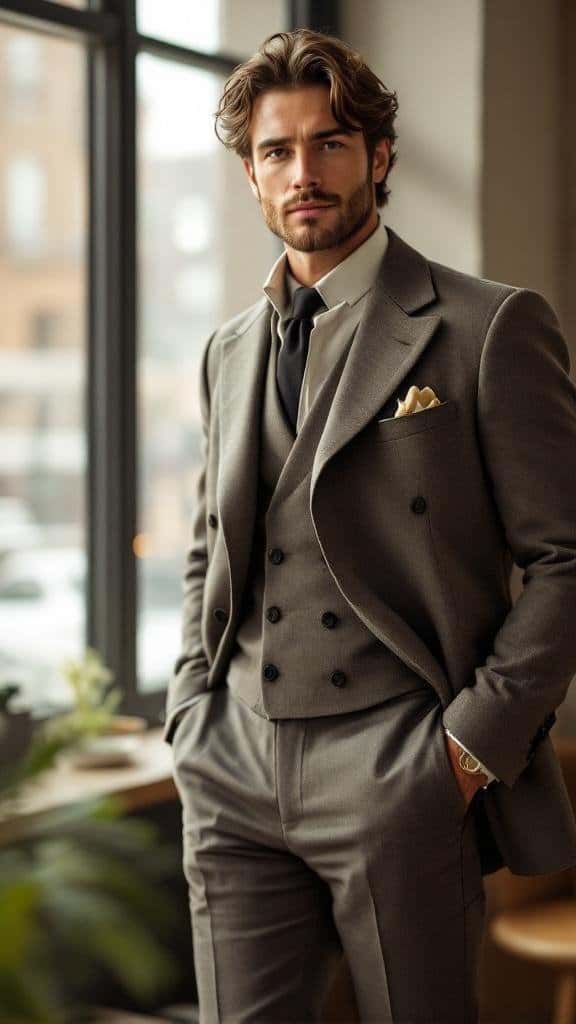 A man in a stylish double breasted suit, showcasing a modern interpretation of a classic design.