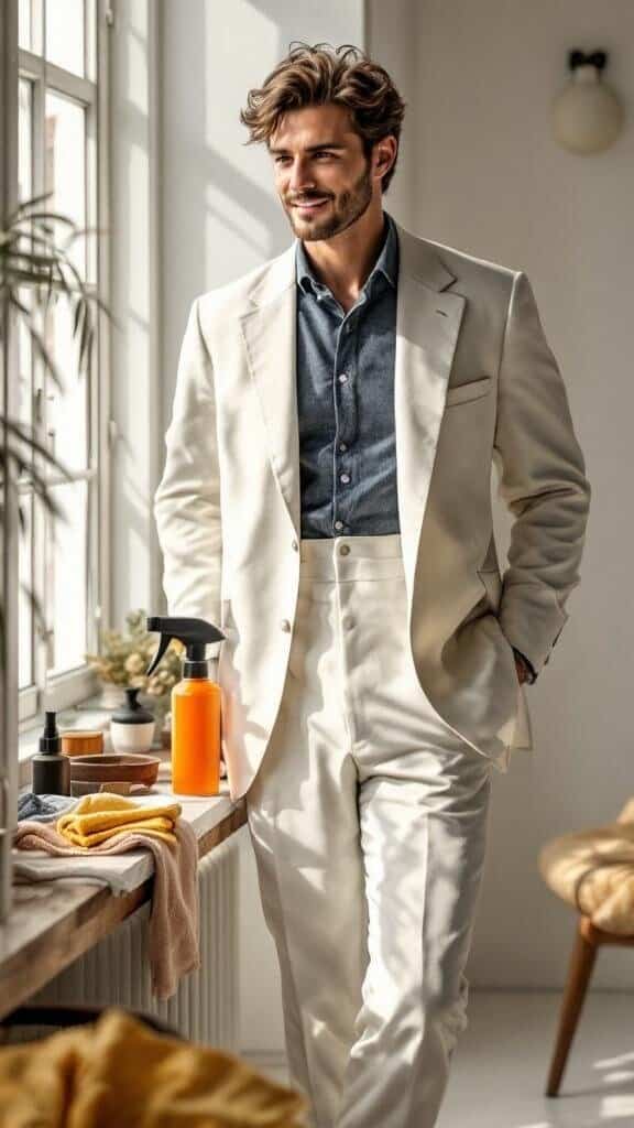 A man in a stylish white suit standing by a window, showcasing confidence and style.