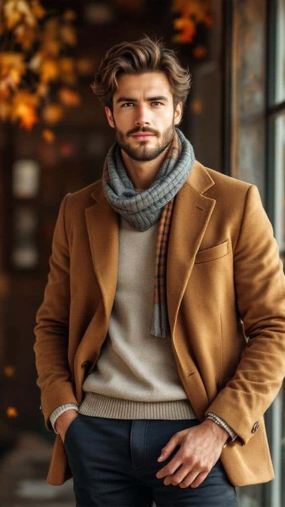 A man in a brown blazer with a light sweater and scarf, showcasing a layered outfit.