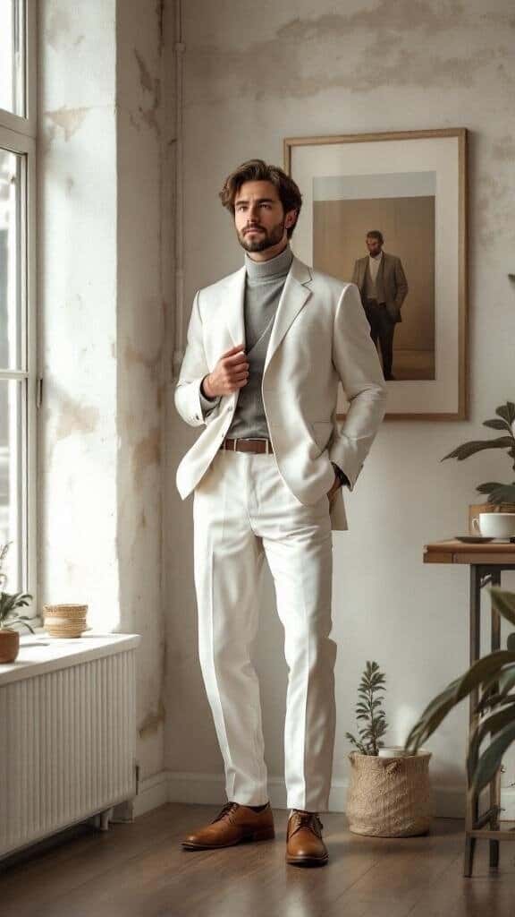 A man in a stylish white suit standing in a modern interior with plants.