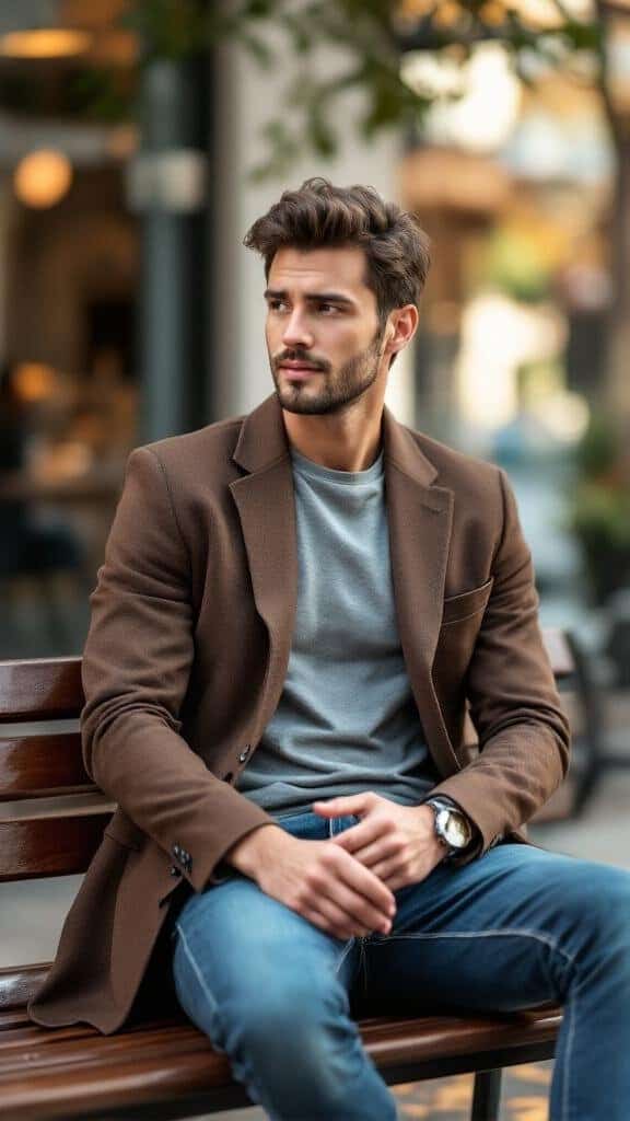A man wearing a brown blazer over a gray t-shirt, sitting on a bench with a stylish watch and denim jeans.