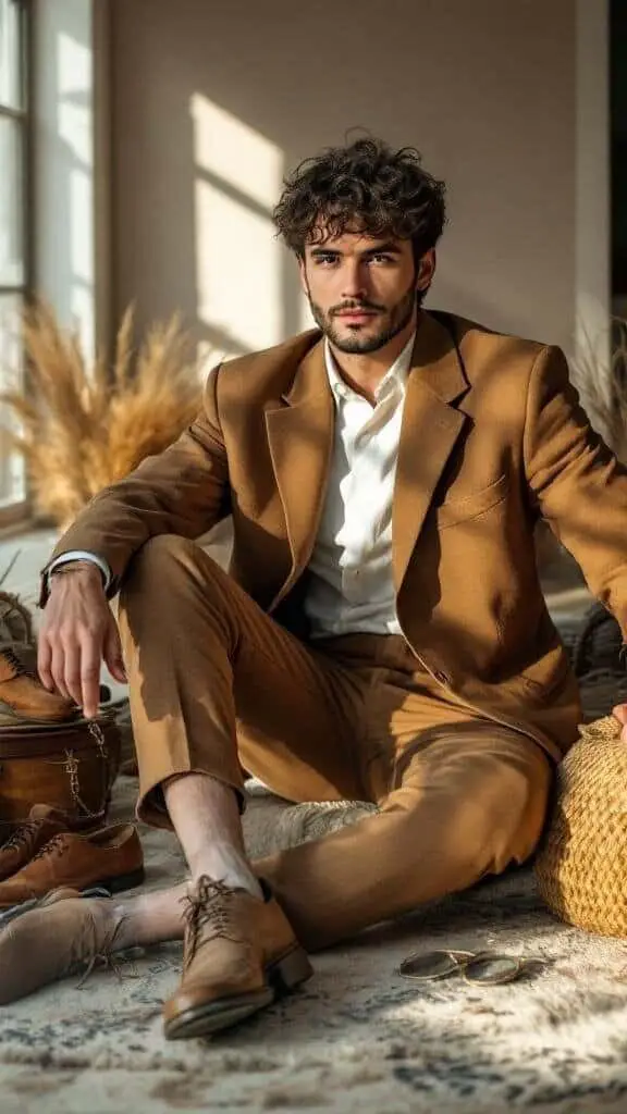 A man in a brown blazer and matching trousers, sitting on a rug with brown shoes and accessories.