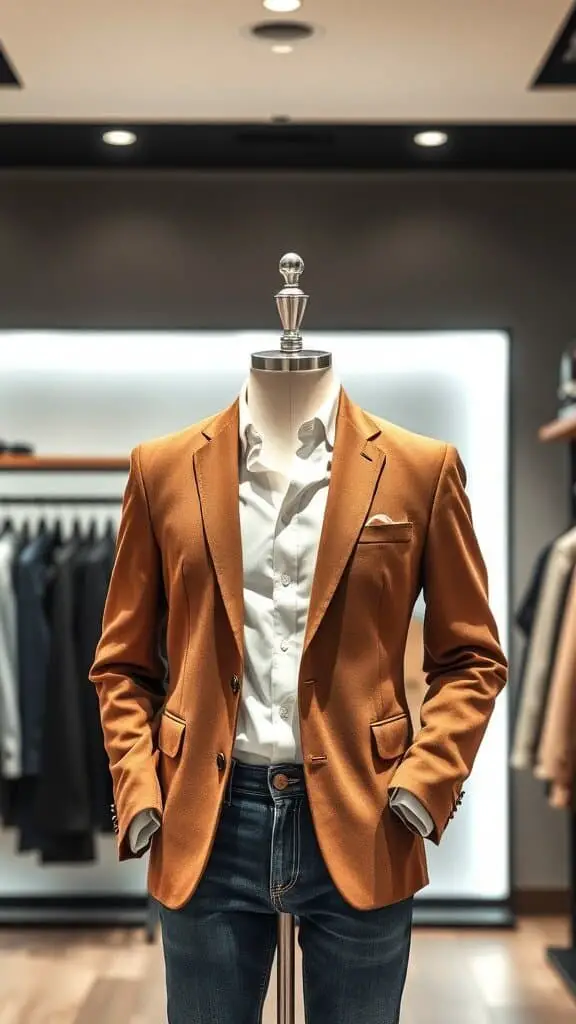 A stylish brown blazer outfit for men featuring a white shirt and dark jeans.