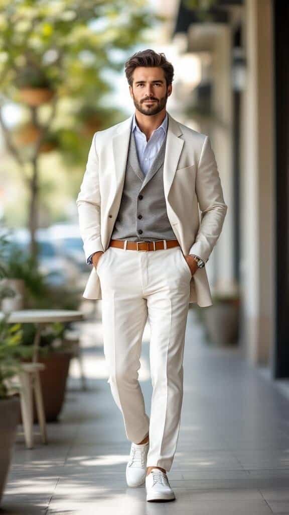A man in a stylish white suit with a gray vest and white sneakers walking down a sunny street.