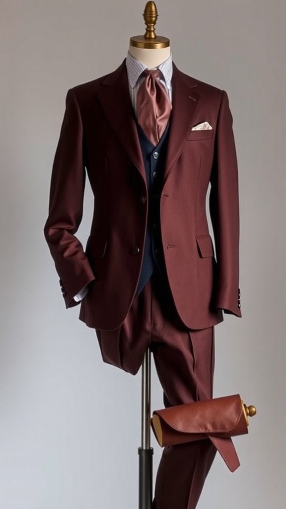 A stylish brown blazer outfit for men, featuring a tailored blazer, dress pants, and a tie, displayed on a mannequin.