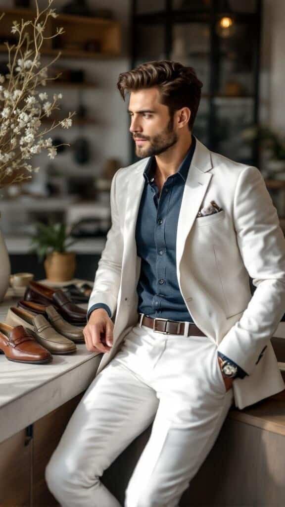 A man in a white suit with various footwear options displayed beside him.