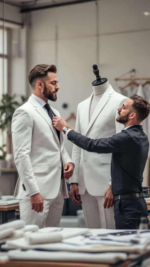 A stylish man in a white suit with a turtleneck, standing next to a woman in a fashion store.
